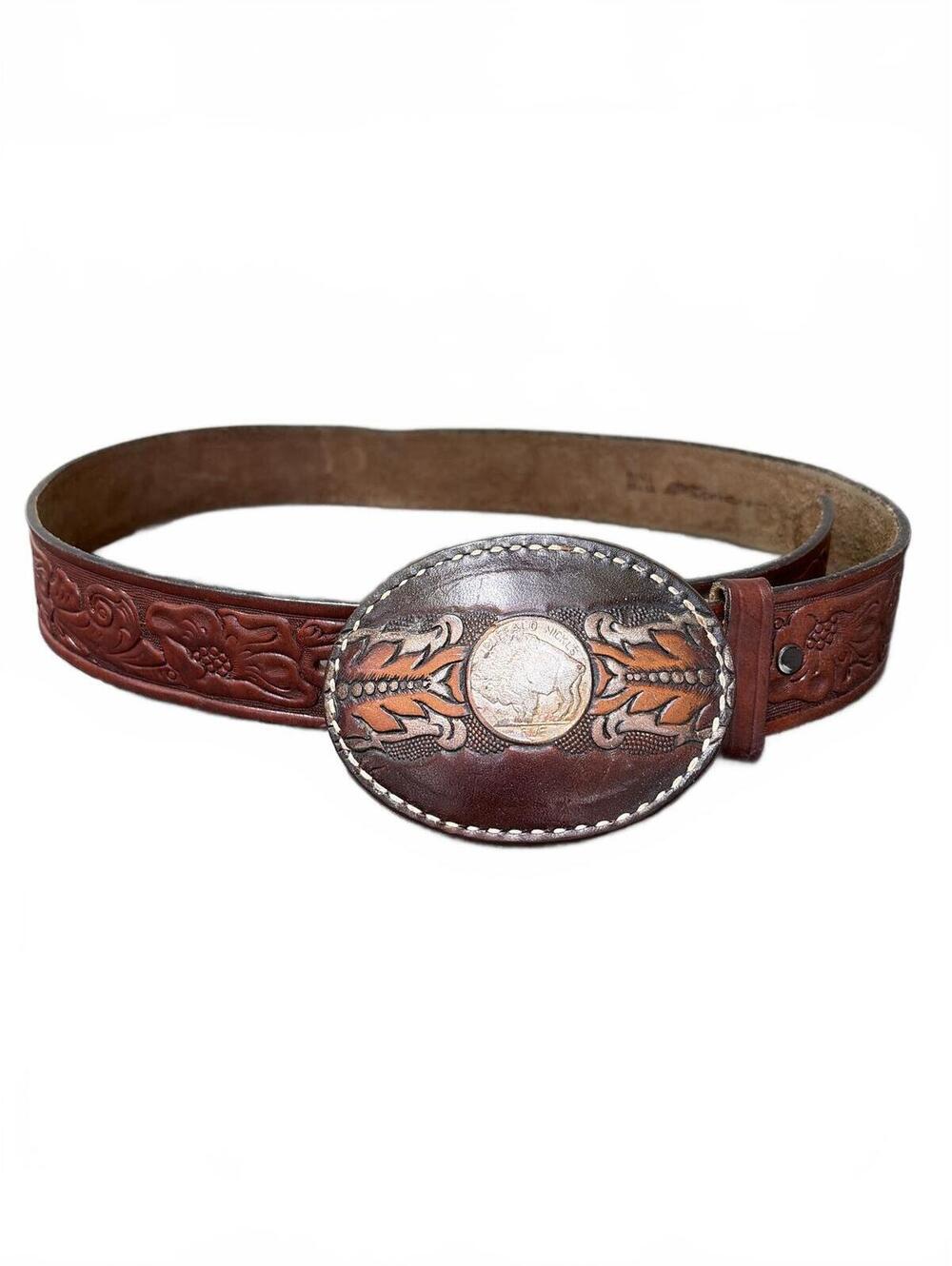 Cardat Western Tooled Leather Belt with Oval Cowboy Buckle Brown Tan Vintage